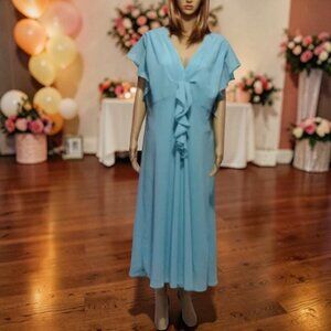 Vintage Dress 90s K Woman Blue Short Flutter Sleeves Ruffle 18W NWT Deadstock